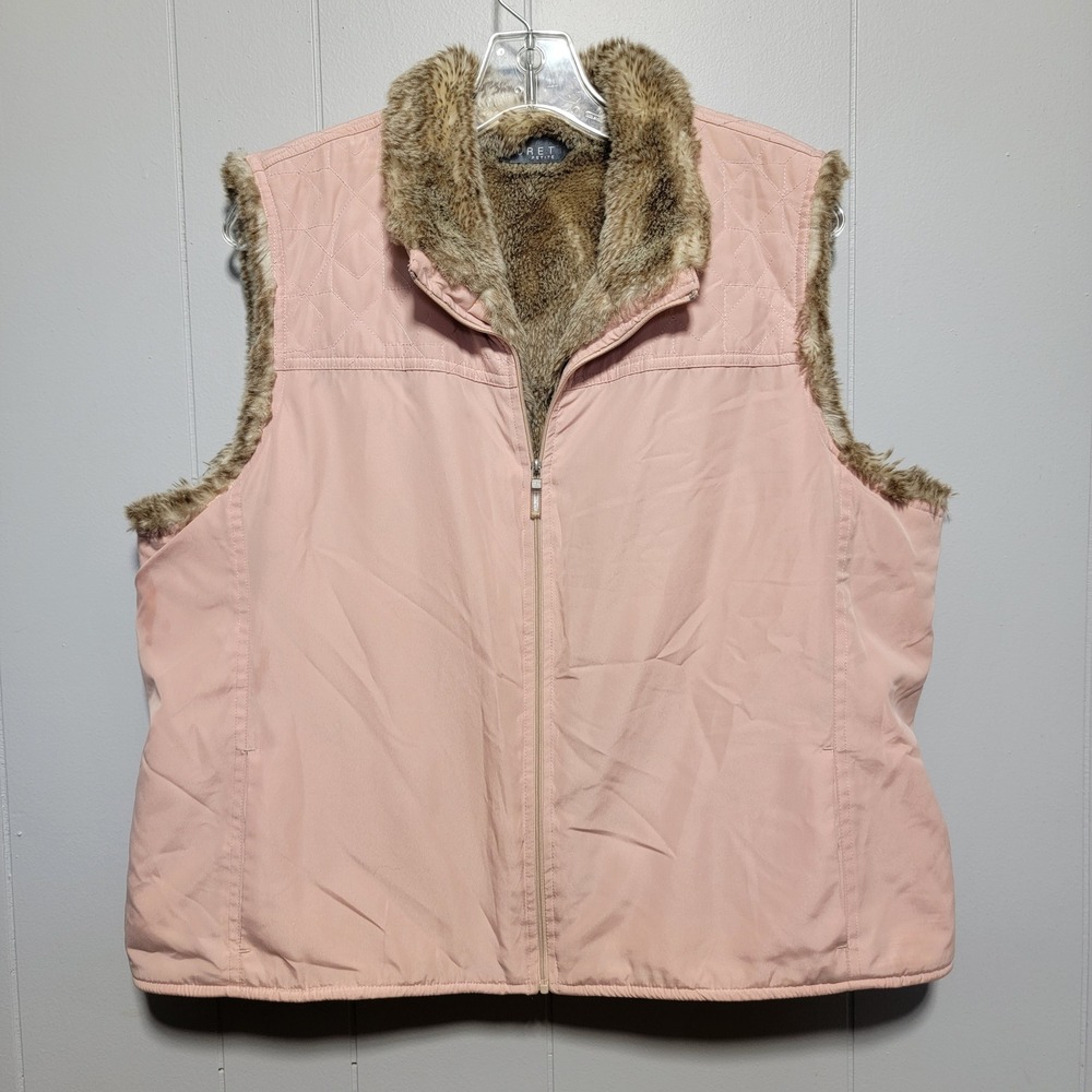 Koret Petite Pink Faux Fur Lined Quilted Yoke Zip Front Vest